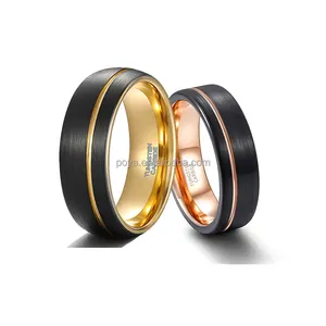 POYA Mens 8mm Rose Gold Tungsten Wedding Band 18K Gold Black Domed Matte Two Tones Engagement Ring