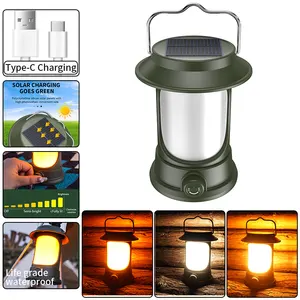 Lanterne de camping vintage portable solaire rechargeable par USB lumière de tente extérieure LED lumière chaude nuit randonnée lampe de pêche