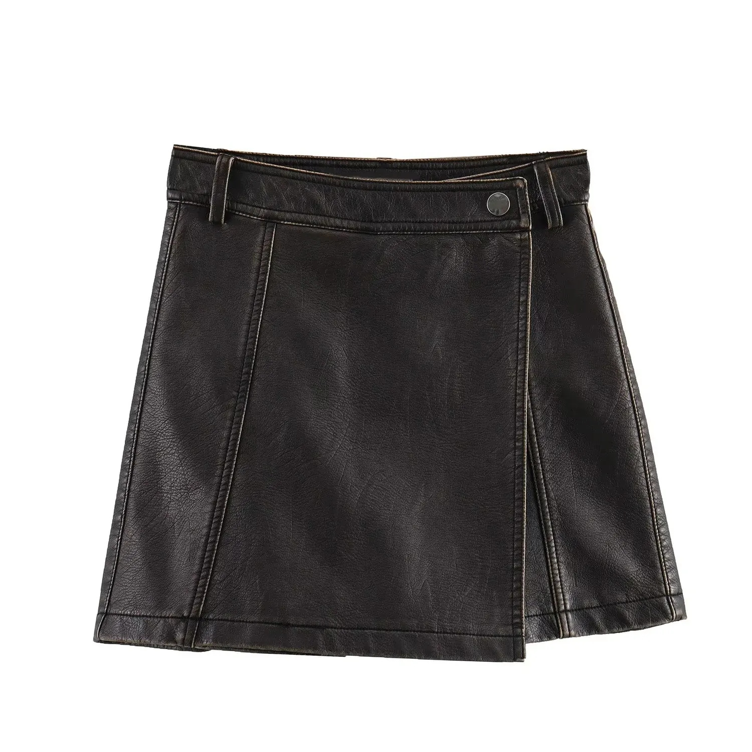 KAOPU ZA Women leather effect wrap type mini skort vintage high waist zipper skirts mujer
