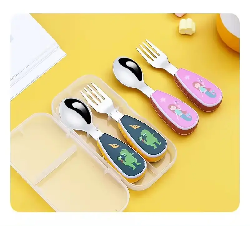 Nouveau mignon bébé cuillère fourchette alimentation ustensiles ensembles acier inoxydable enfants vaisselle vaisselle solide nourriture alimentation cuillère pour enfants