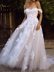 Nuovo Abito Cerimoniale <span class=keywords><strong>da</strong></span> Sposa <span class=keywords><strong>da</strong></span> Donna con Top a Tubino, Spalle Scoperte Effetto Illusione, Gonna Lunga in Garza Fluttuante Stile Principessa - Product Image 2