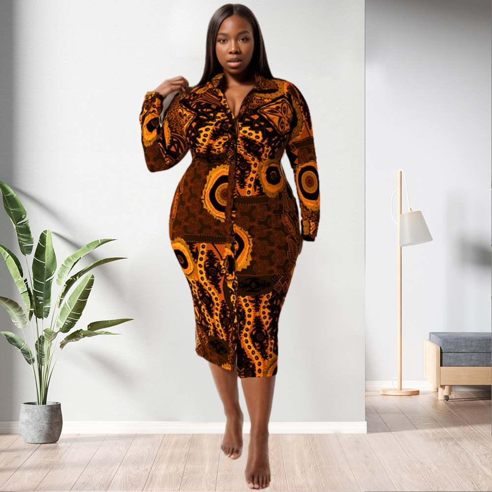 Wholesale Plus Size Unique Print Autumn Bodycon Shirt Dress