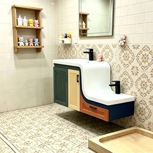 Ensemble de salle de bain double en pierre artificielle avec lavabo haut-<span class=keywords><strong>bas</strong></span> simple et rangement, idéal pour la famille - Product Image 5
