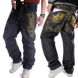 Pantalon en denim brut noir personnalisé pour <span class=keywords><strong>homme</strong></span>, broderie Phénix doré, <span class=keywords><strong>coupe</strong></span> ample gothique vintage, jambe <span class=keywords><strong>droite</strong></span>, style streetwear hip-hop, jeans pour <span class=keywords><strong>homme</strong></span> - Product Image 1