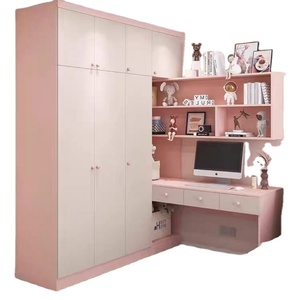 Ensemble de meubles de chambre d'enfant rose et blanc, armoire et bureau combinés, en bois massif, moderne, minimaliste, écologique et durable - Product Image 1