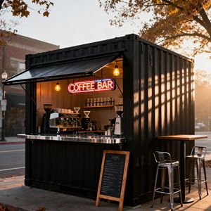 Cafetería/Restaurante Móvil Contemporáneo de Acero para Exteriores, Diseño de Contenedor Marítimo, Robusto y Duradero, Alta Utilización del Espacio - Product Image 1