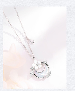 Collar de Clavícula de Plata de Ley con Flor Lunar e Incrustaciones de Concha Iridiscente, Colgante de Circonita Brillante para Mujer, Joyería Fina de Moda - Product Image 4