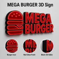 Insegna a Lettere Scatolate MEGA BURGER, Acrilico Rosso Luminoso, Fondo Nero, Icona Burger per Ristoranti Fast Food e Decorazione Vetrine