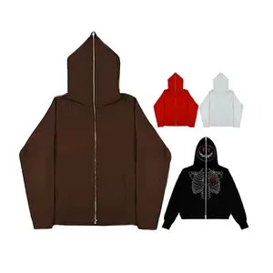 CHM79 Bas quantité minimale de commande Surdimensionné Lourd Fuzzy Marron Rouge Fermeture Éclair Complète Zip Up Cool Graphic Hoodie Veste Pour Hommes