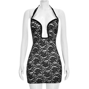 Viviblook C26DS035 Women Summer Casual Dresses New Low Neck Sexy <b>Lace</b> Halter Mini Bodycon Dress for Ladies - Product Image 1