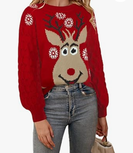 Pull de Noël moche pour femme 100 % coton, motif renne et flocon de neige tricoté, idéal pour les fêtes, motif personnalisé, haut décontracté doux - Product Image 1