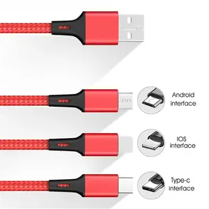 Usine en gros 3 en 1 câble de charge fil de données Micro USB type-c 8pin Charge rapide trois-en-un câble de données tressé en nylon