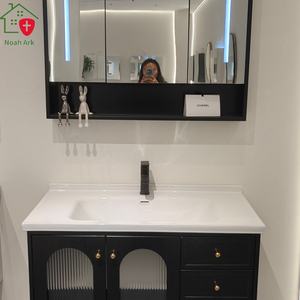 Puertas dobles de vidrio arqueado de estilo retro chino negro, encimera blanca, lavabo de cerámica, almacenamiento multi-espacio - Product Image 3