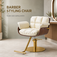 Fauteuil de Salon de Coiffure de Luxe Beige avec Pompe Hydraulique, Base Dorée Durable, Repose-Pieds et Panneaux Latéraux en Bois, Rotation à 360 Degrés