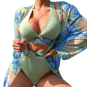 库存5色印花吊带衫领3件套泳衣宽带高腰比基尼沙滩和服遮盖