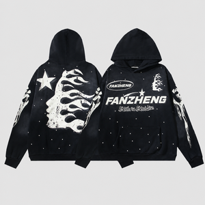 Sweat à capuche vintage streetwear noir oversize avec imprimé <span class=keywords><strong>étoile</strong></span> flamme en strass personnalisé, sweat-shirt lourd pour homme style hip-hop ample - Product Image 1