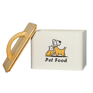 Boîte de rangement pour croquettes de chat en fer galvanisé personnalisé Boîte en métal avec couvercle en bois pour friandises pour chiens Boîte en métal avec couvercle rectangulaire en bambou pour aliments pour animaux domestiques - Product Image 2