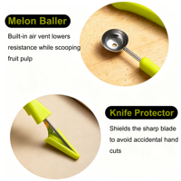 Groothandel Multifunctionele 3-in-1 Meloenballetjeslepelset, roestvrijstalen fruit snijmes met mesbeschermer