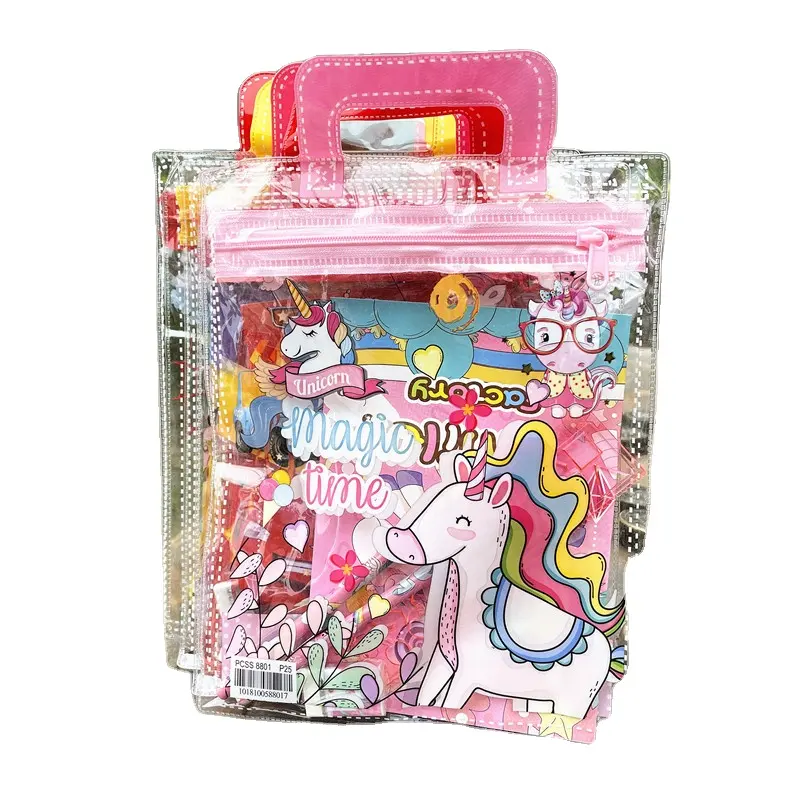 Portable mini zipper hand supplies bag ruler pencil unicorn pp cover kids school stationery set for girls