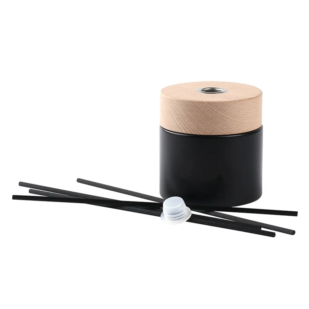 100ml 200ml cylindrical matte black reed aroma diffuser glass perfume bottle with round wooden lid