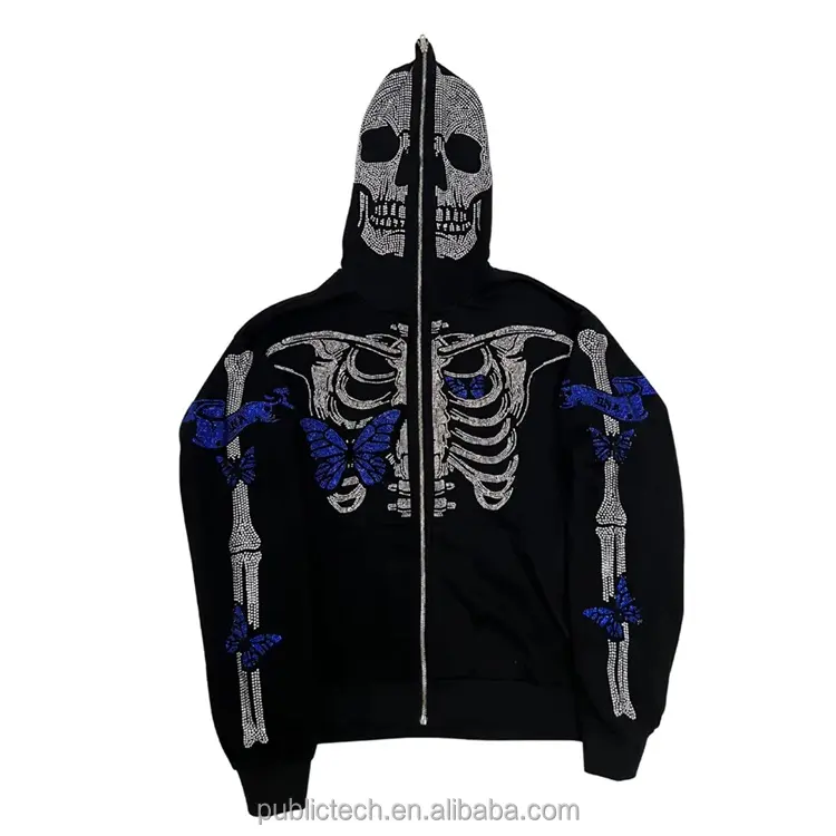 Wholesale custom 100% cotton oversized blank black full face zip up skeleton mens hoodie