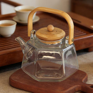 Théière <span class=keywords><strong>en</strong></span> verre hexagonale créative, résistante à la chaleur, compatible avec les cuisinières, pour faire du thé ou du café, avec poignée et couvercle <span class=keywords><strong>en</strong></span> <span class=keywords><strong>bambou</strong></span> - Product Image 3