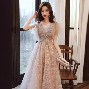 Champagne Evening Gown Women V-Neck A-Line Chiffon Empire Waist Long Dress For Party Birthday Elegant Socialite Style - Product Image 1