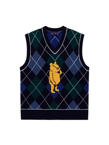 Gilet en tricot pour homme à motif losanges et intarsia ours de dessin animé, col en V, style preppy, vert marine - Product Image 6