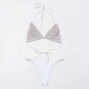 Conjunto de Bikini con Lentejuelas de Brillo Metálico Blanco para Mujer, Top Halter Cruzado, Cintura Baja, Nailon/Algodón de Secado Rápido, Traje de Baño de Dos Piezas para Playa - Product Image 4