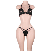 Combinaison deux pièces brillante à pois et sequins avec soutien-gorge et string à lacets, pour adultes, tenue de club, de strip-tease et de performance