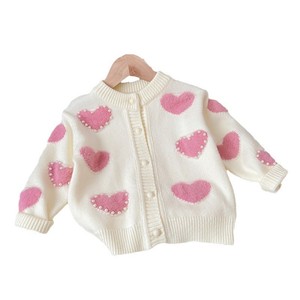 Child Star Circle Girls Heart Knit Cardigan Sweater Pink White Pearl Decor Full Sleeve Crew Neck Spring Autumn Outerwear - Product Image 5