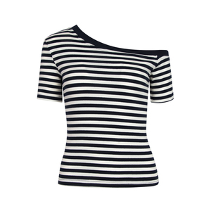 Maglietta a righe bianche e nere manica corta <span class=keywords><strong>monospalla</strong></span> 4 colori estate maglietta a righe Slim Fit da donna - Product Image 1