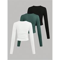 Camiseta Corta Ajustada de Manga Larga con Cuello Redondo y Fruncido para Niñas, Color Blanco Liso, Estilo Casual, Colección 2026