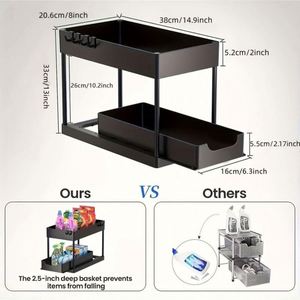 Kitchen Bathroom Under Sliding Cabinet <b>Basket</b> Organizer 2 Tier Under Sink Organizer With Hooks Hanging Cup and Chopstick Holders - Product Image 5