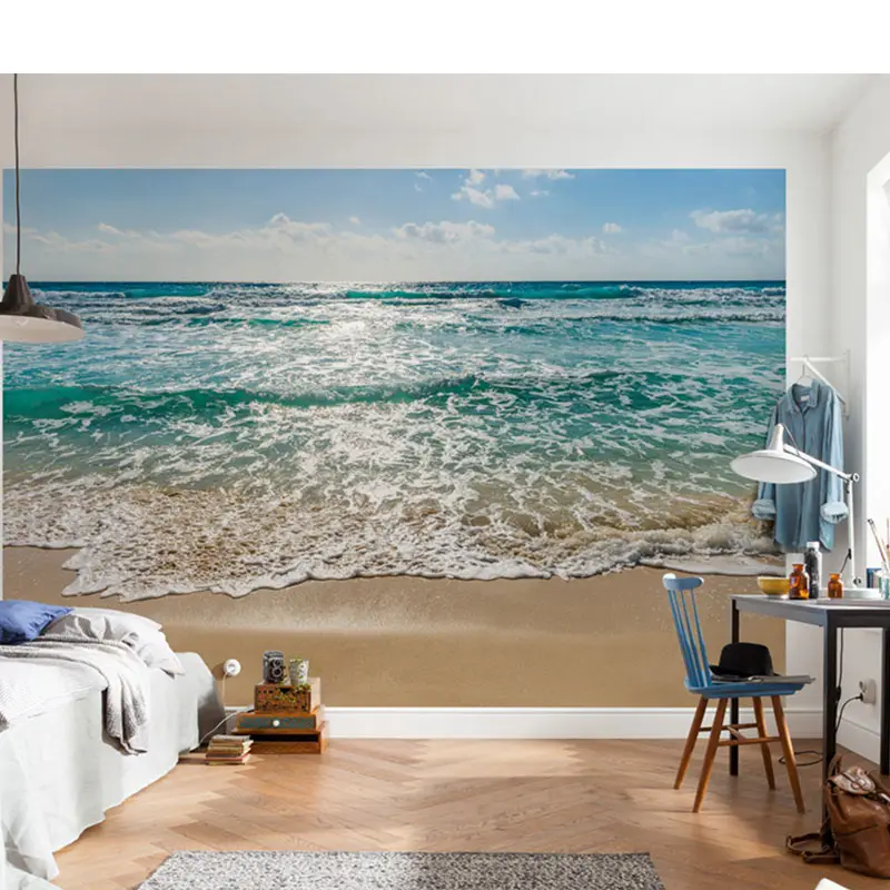 خلفية جدارية لغرفة المعيشة على شاطئ المحيط، خلفية جدارية حديثة الحد الأدنى للحياة، غطاء حائط ثلاثي الأبعاد بحري سلس