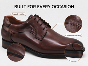 Chaussures Derby classiques marron pour hommes, en cuir lisse poli, à lacets, talon bas, pour affaires, mariage, bureau - Product Image 2
