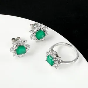 Изумрудно-Ограненный Женский комплект украшений, серьги с зеленым камнем, кольцо, цветок, набор украшений