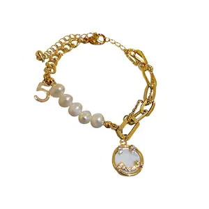 Fashion Diamond Stone Smiley Number 5 Pendant Natural Freshwater Pearl Bracelet For Women