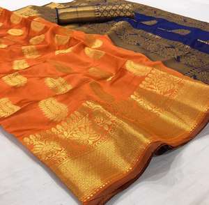Saree imprimé en soie douce Banarasi exclusif avec chemisier non cousu imprimé indien par vêtements ethniques - Product Image 2