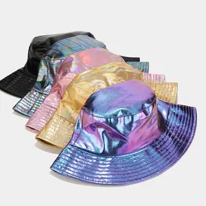 HF Soft Retro Gradient Holographic Color Pu Leather Bucket Hat Cap