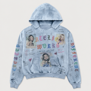 Custom 450GSM Cotton Hoodie Portrait Graphic Sun Bleached Mud Wash Distressed Boxy Fit Blue <b>Pullover</b> OEM Streetwear <b>Men</b> Hoodie - Product Image 1