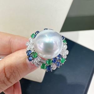 Anillo de Lujo de Primavera/Verano con Perla Natural Redonda de 14-15 mm, Comparable a la Perla Blanca Australiana, Estilo Francés, Ligero y Nuevo - Product Image 1