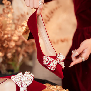 Zapatos de boda rojos para mujer, tacón de bloque, punta puntiaguda, decoración con lazo, elegantes, sin cordones, tacón medio, cómodos 6555H-017 - Product Image 2