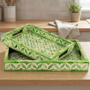 Plateau de service en mosaïque de feuilles vertes avec incrustation d'os, fait main, en bois, décoratif, pour cuisine, table, plateau de luxe pour la maison et la salle à manger - Product Image 1