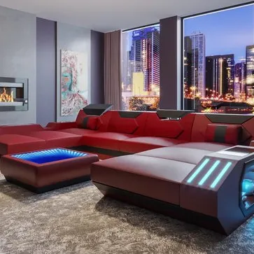 Lampu LED Merah Furnitur Ruang Tamu, Sofa Kulit Ruang Tamu Furnitur Gaya Super Modern