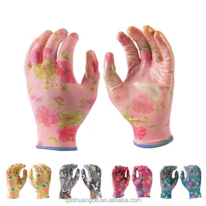 Women Garden Flower 13 Gauge Polyester Knitted Palm Coated Work Smooth Nitrile Customized Logo Water Proof Gloves