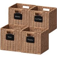 Cube de rangement avec étiquette, bac de rangement pliable avec poignée, panier de rangement carré pour étagères, panier en corde de papier tressé pour l'organisation