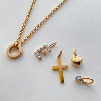 Gelang Rantai O-Link Baja Tahan Karat Berlapis Emas 14K Wanita, Gelang Pesona Huruf F Hati Salib Zirkon Biru, Perhiasan Emanco