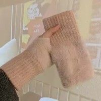 K412-Gant sans doigts tricoté en peluche blanc et chaud pour femmes, mitaines molletonnées pour les poignets, gants d'hiver doux pour demi-doigts