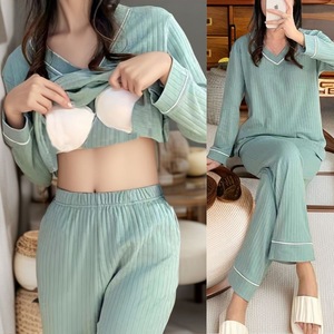 ชุดนอนผ้าฝ้ายลำลองสำหรับผู้หญิงช่วงฤดูใบไม้ร่วง 2 ชิ้น ชุดนอนแขนยาวหลวมพร้อมแผ่นรองบราเสื้อผ้าสำหรับนอนที่บ้าน - Product Image 2